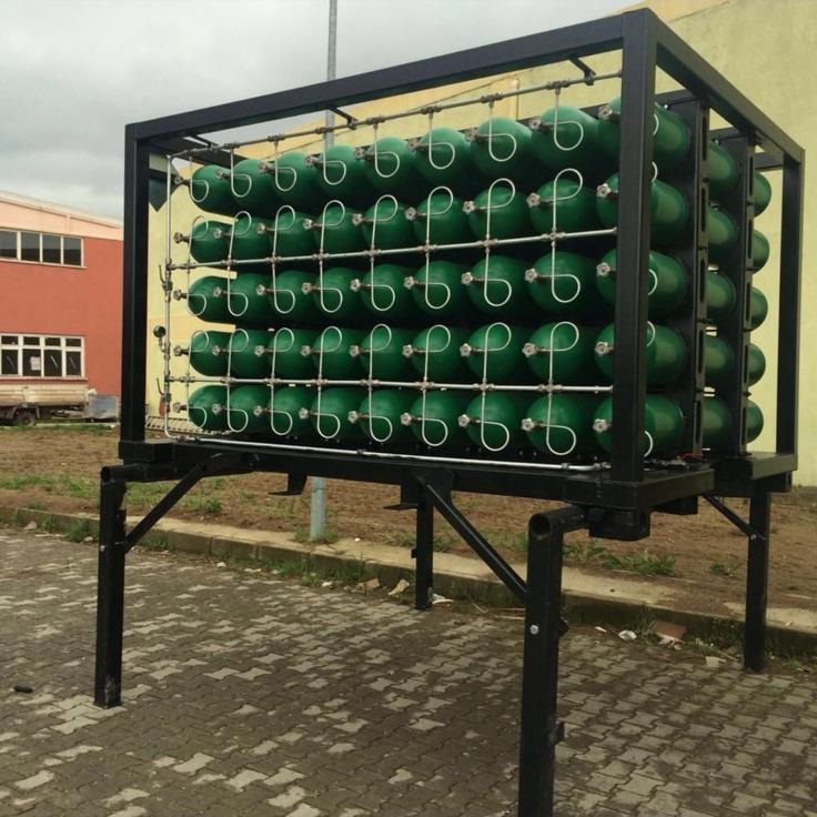 Green CNG cylinders in black frame structure on legs