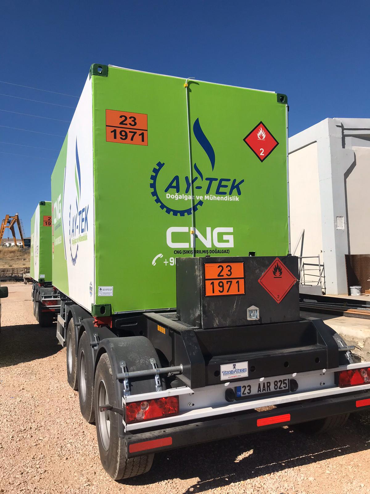 AY-TEK branded green CNG transport trailer with UN 1971 hazard placards