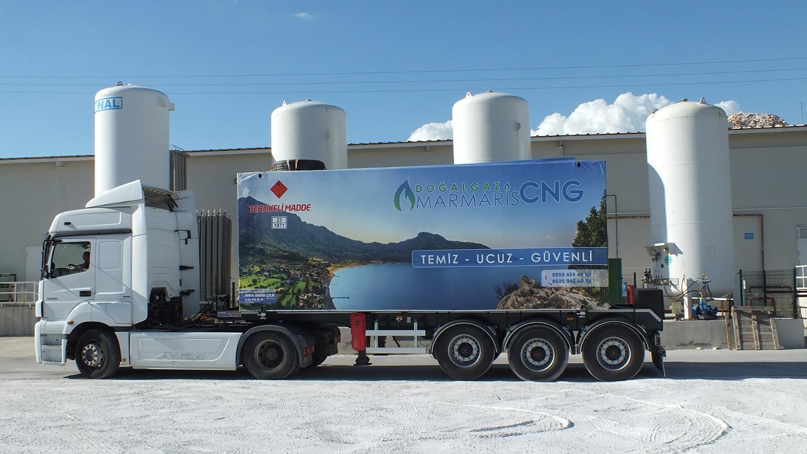Mercedes truck with MARMARİS CNG scenic mountain lake branding and TEMİZ-UCUZ-GÜVENLİ messaging