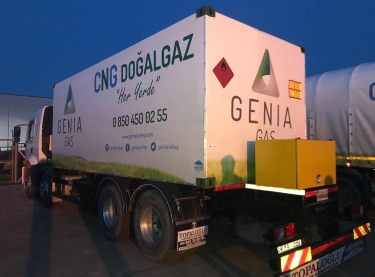 GENIA GAS branded white trailer with green grass graphics and Her Yerde slogan