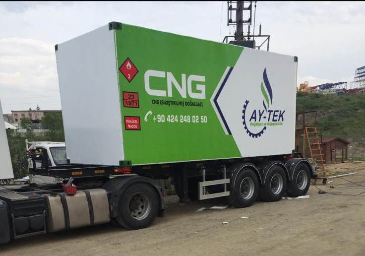 AY-TEK branded green and white CNG container with UN 1971 hazard placards and contact details