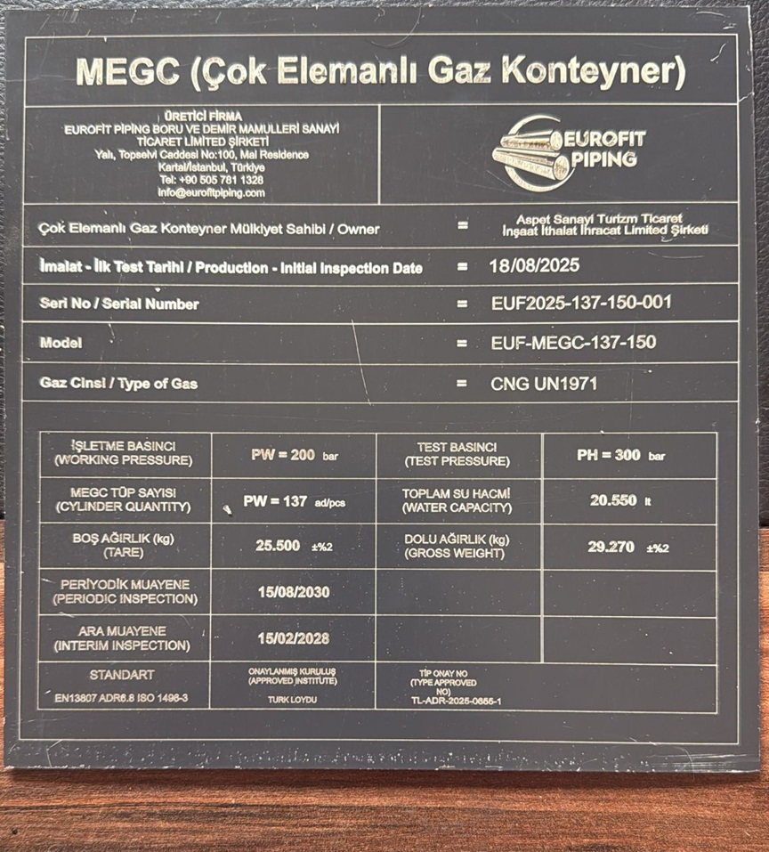 Official MEGC nameplate showing technical specifications: EUF-MEGC-137-150, 200 bar working pressure, 300 bar test pressure, 20,550L capacity, ADR compliance TL-ADR-2025-0655-1